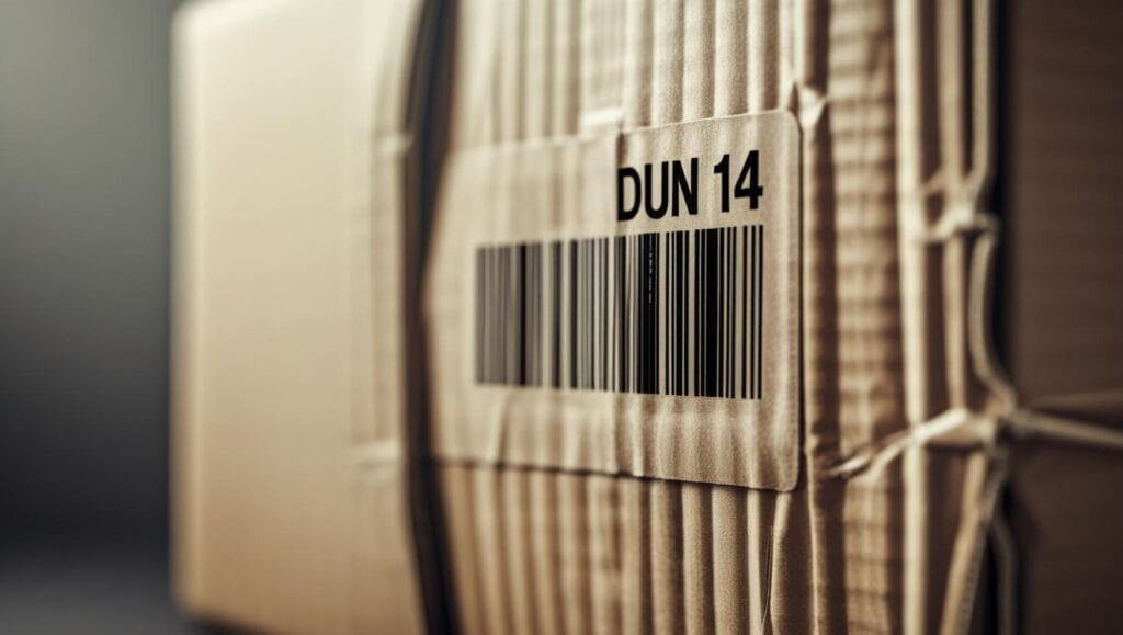 Código DUN-14 en caja de productos para logística y ventas mayoristas